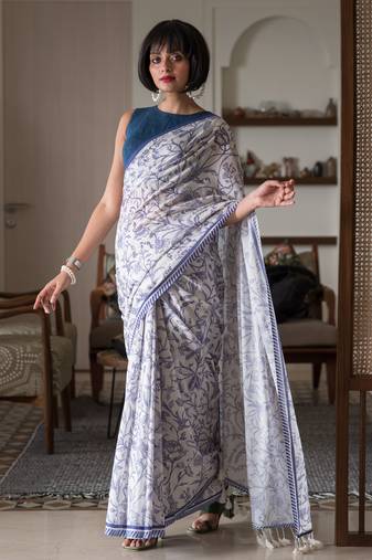 Suta White Printed Cotton Printed Saree Without Blouse