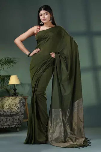 Moss green cotton blend dupion silk pallu handloom saree