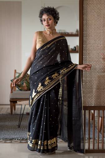 Suta Black Embellished Blended Cotton Foil Print Saree Without Blouse