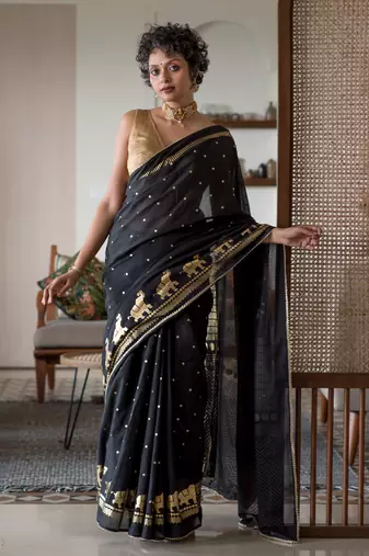 Suta Black Embellished Blended Cotton Foil Print Saree Without Blouse