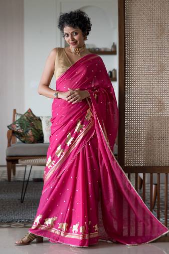 Suta Pink Printed Viscose Foil Print Saree Without Blouse