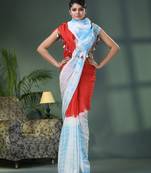 Red & sky blue cotton srivari handloom saree