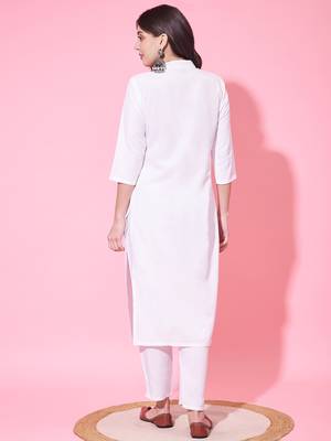 Women's Knee Length Collar Neck Rayon Kurti And Pant Set (White) (MAK78) 2