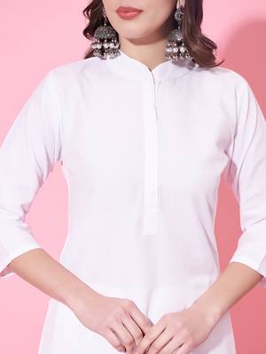 Women's Knee Length Collar Neck Rayon Kurti And Pant Set (White) (MAK78) 4