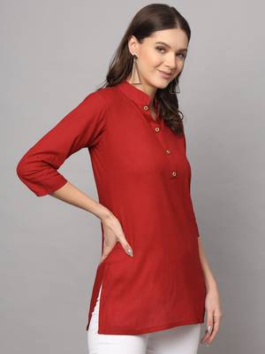 Women's Above Knee Length Regular Sleeves V Neck Tunic (Maroon) (MAK79) 3