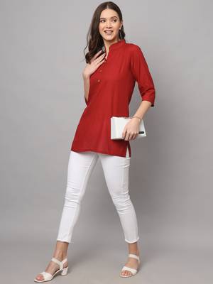 Women's Above Knee Length Regular Sleeves V Neck Tunic (Maroon) (MAK79) 4
