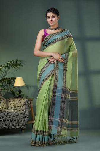 Olive green cotton jacquard border handloom saree