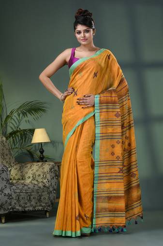 Yellow zari cotton all body kantha buti handloom tissue saree