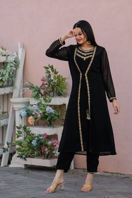 Women's Embroidered Work Georgette Ethnic Jacket With Kurti And Pant Set (Black) (MAK80) 1