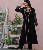 Women's Embroidered Work Georgette Ethnic Jacket With Kurti And Pant Set (Black) (MAK80)