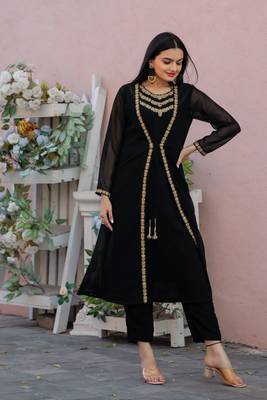Women's Embroidered Work Georgette Ethnic Jacket With Kurti And Pant Set (Black) (MAK80) 3