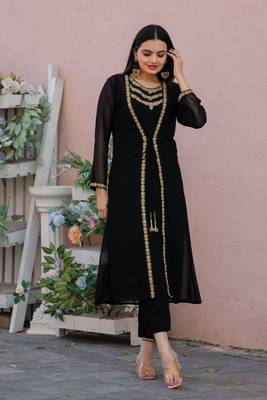 Women's Embroidered Work Georgette Ethnic Jacket With Kurti And Pant Set (Black) (MAK80) 4