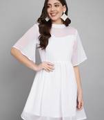 Women's Above Knee Length Flared Sleeves Cowl Neck Dress (White) (MAT22)