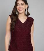 Women's Hip Length Fur Fabric Short Sleeves Casual Top (Maroon) (MAT29)