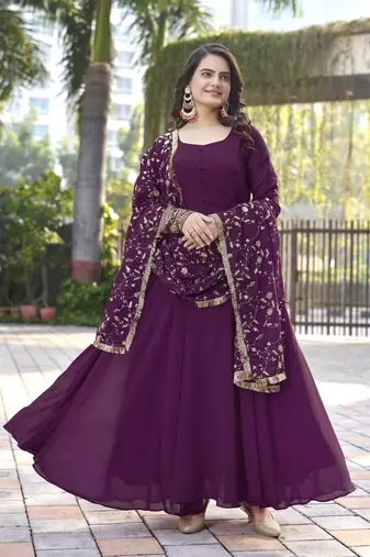 Wine Fox Georgette Fabric Maxi Gown With Dupatta And Pent