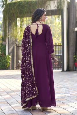 Wine Fox Georgette Fabric Maxi Gown With Dupatta And Pent 4