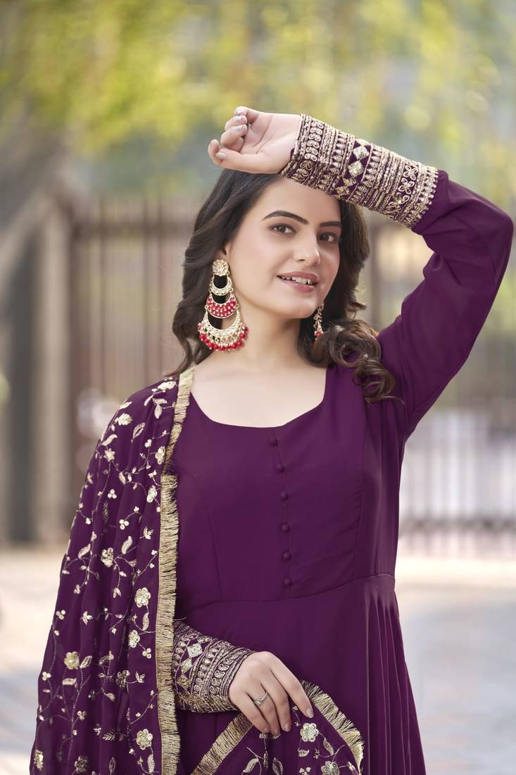 Wine Fox Georgette Fabric Maxi Gown With Dupatta And Pent