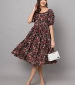 Women's Floral Design Digital Printed Knee Length Dress (Black) (MAT31)