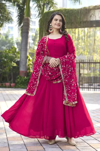 Rani Pink Fox Georgette Fabric Gown With Dupatta And Pent