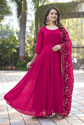 Rani Pink Fox Georgette Fabric Gown With Dupatta And Pent 3