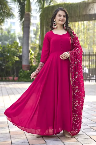 Rani Pink Fox Georgette Fabric Gown With Dupatta And Pent