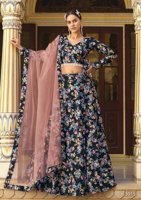  BLUE COLOR PARTY WEDDING WEAR FLORAL PRINTED INDIAN LEHENGA CHOLI 1