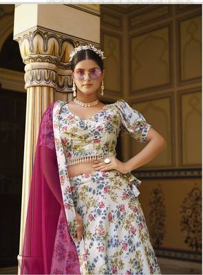  WHITE COLOR PARTY WEDDING WEAR FLORAL PRINTED INDIAN LEHENGA CHOLI 3