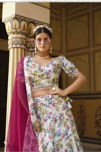  WHITE COLOR PARTY WEDDING WEAR FLORAL PRINTED INDIAN LEHENGA CHOLI