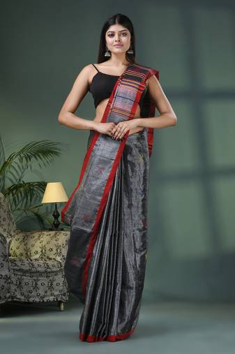 Grey zari cotton all body kantha buti handloom tissue saree