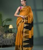 Yellow cotton blend temple jacquard border handloom saree