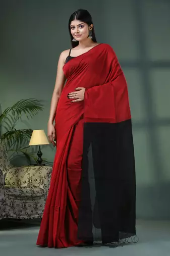 Red cotton blend with black pallu handloom saree