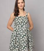 Women's Knee Length Floral Design Flared Sleeveless Dress (Green) (MAT35)