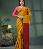 Yellow cotton blend with red pallu handloom saree