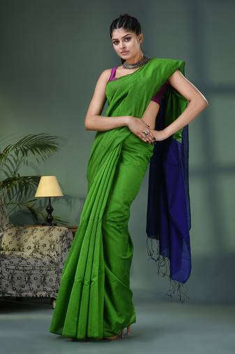 Green cotton blend with blue pallu handloom saree