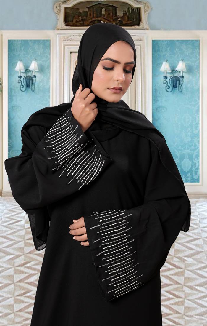Self Design Handcrafted Embroidery Work On Sleeves Abaya Khadija