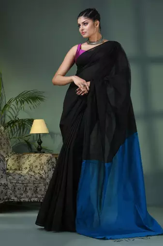 Black cotton blend with turquoise pallu handloom saree