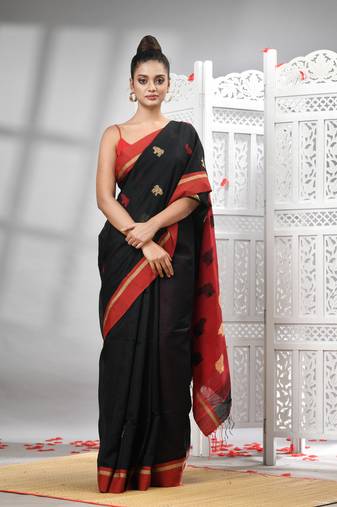 Black cotton blend all body motive with red pallu handloom saree
