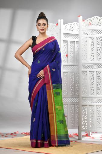 Blue cotton blend all body motive with green pallu handloom saree