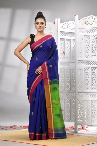 Blue cotton blend all body motive with green pallu handloom saree