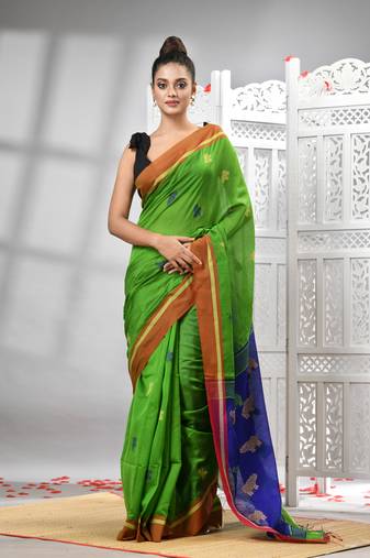 Green cotton blend all body motive with blue pallu handloom saree
