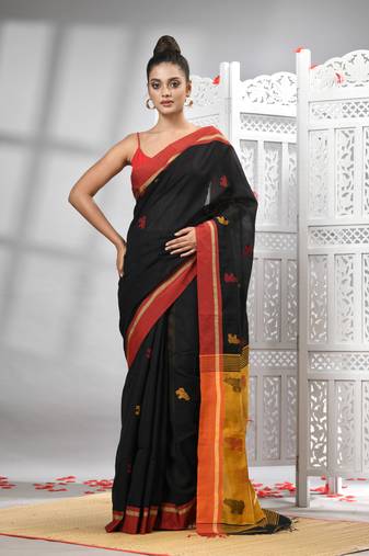 Black cotton blend all body motive with yellow pallu handloom saree