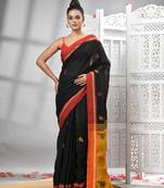Black cotton blend all body motive with yellow pallu handloom saree