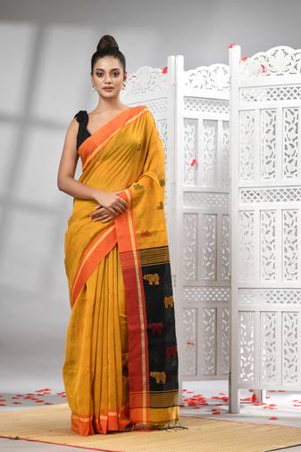 Yellow cotton blend all body motive with black pallu handloom saree