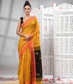 Yellow cotton blend all body motive with black pallu handloom saree