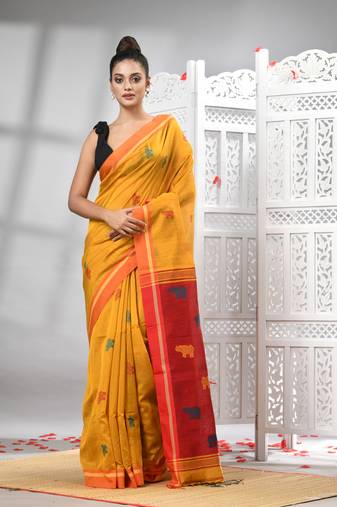 Yellow cotton blend all body motive with red pallu handloom saree