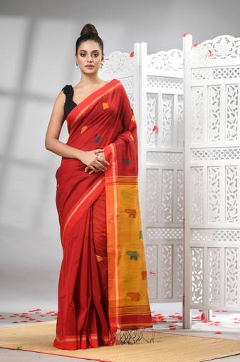 Red cotton blend all body motive with yellow pallu handloom saree