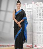 Black cotton blend solid body blue pallu handloom saree