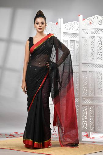 Black cotton blend solid body red pallu handloom saree
