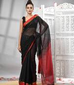 Black cotton blend solid body red pallu handloom saree