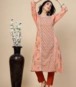 Women orange  color printed embroidery a-line kurta